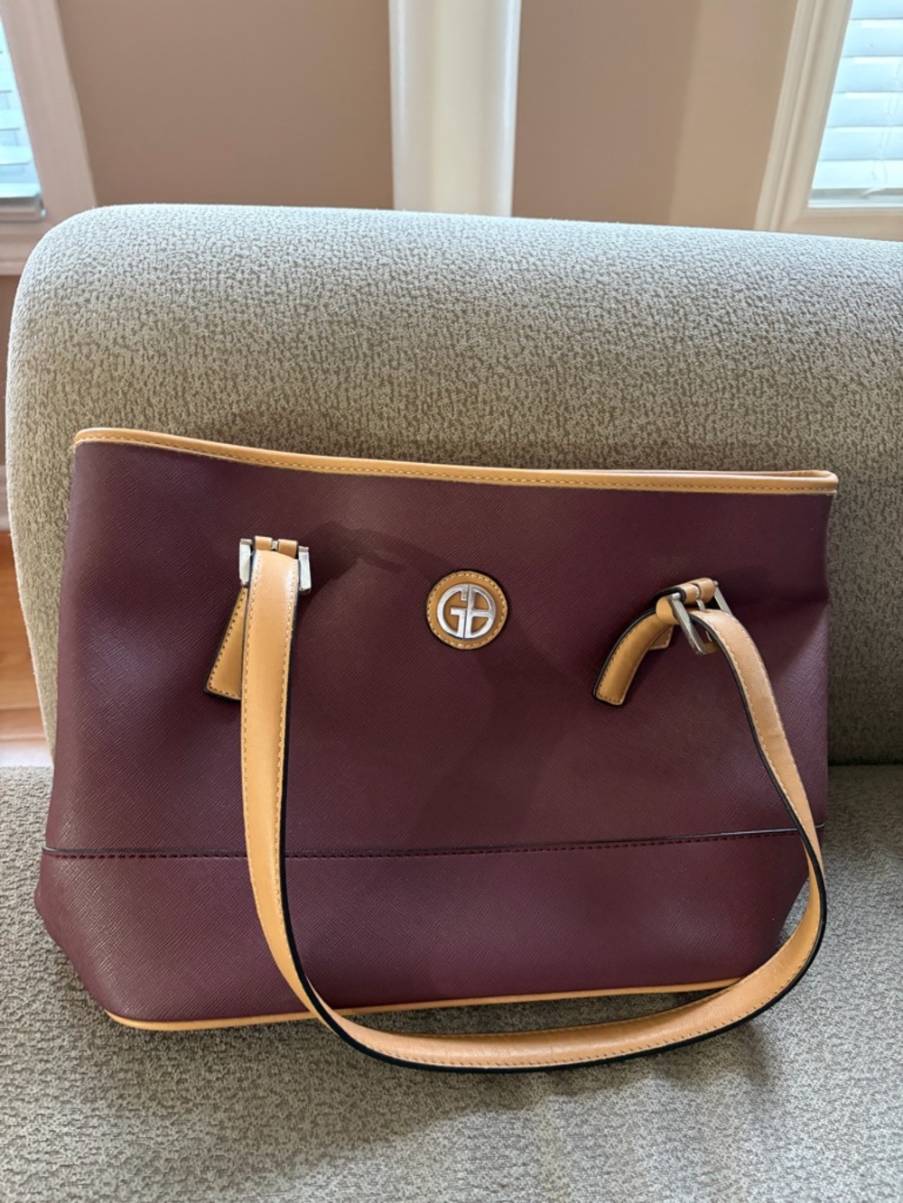 Leather Tote Bag in Burgundy with Tan Trim